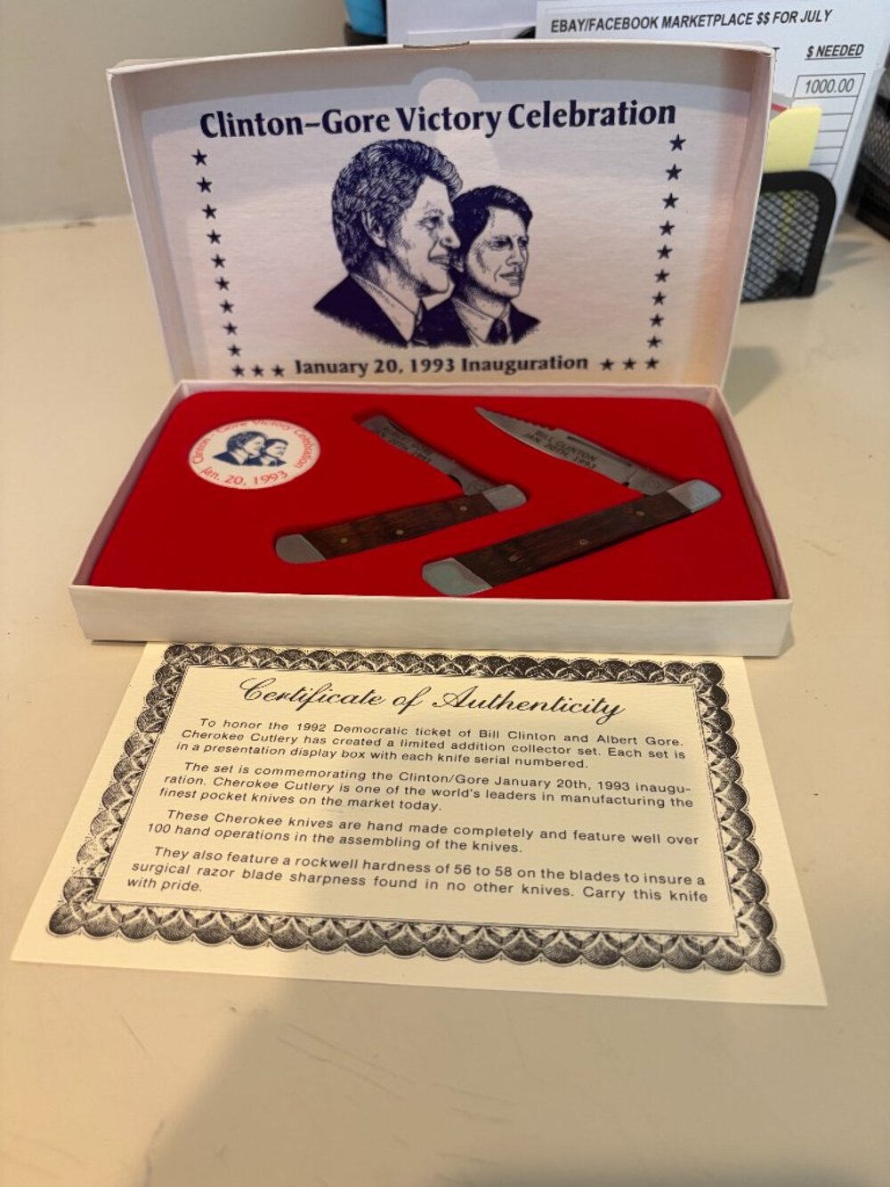 1993 CHEROKEE CUTLERY CLINTON-GORE VICTORY CELEBRATION POCKET KNIFE SET Preowned